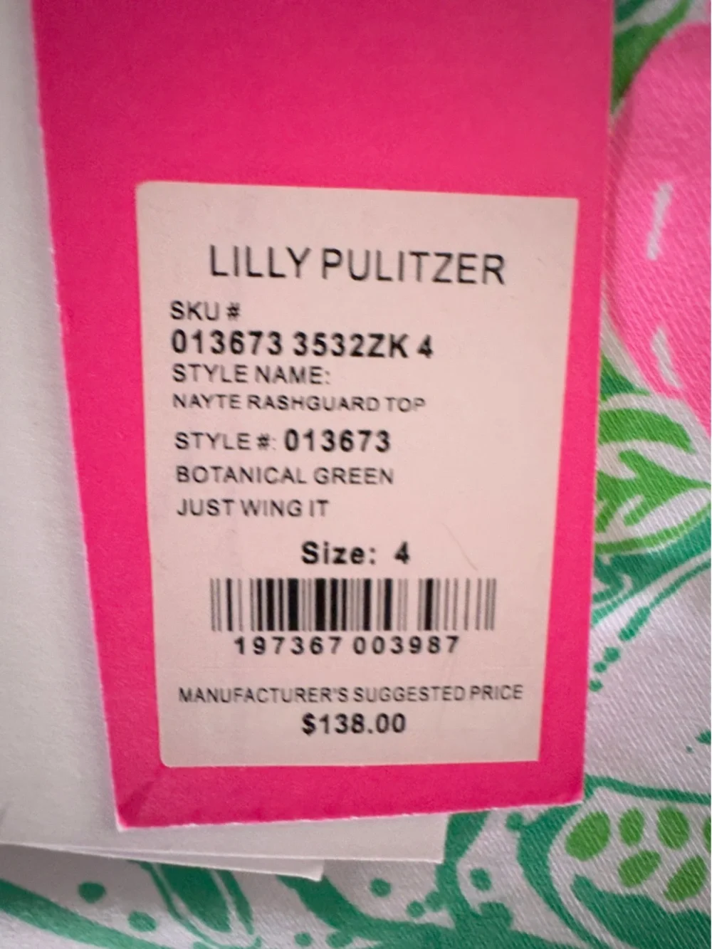 Lilly Pulitzer Nayte Rashguard Top Botanical Green Just Wing It. NWT SIZE 4